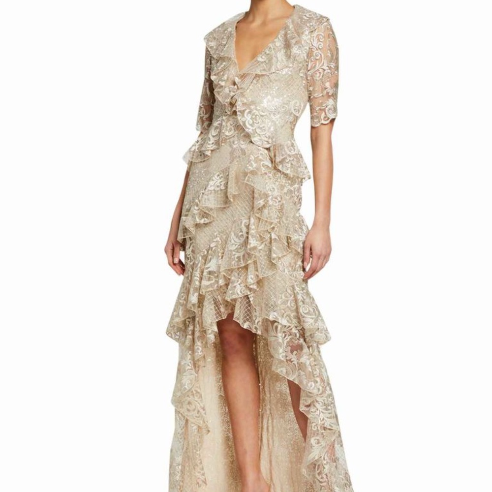 Badgley Mischka SS 2020 Collard Ruffle Gown